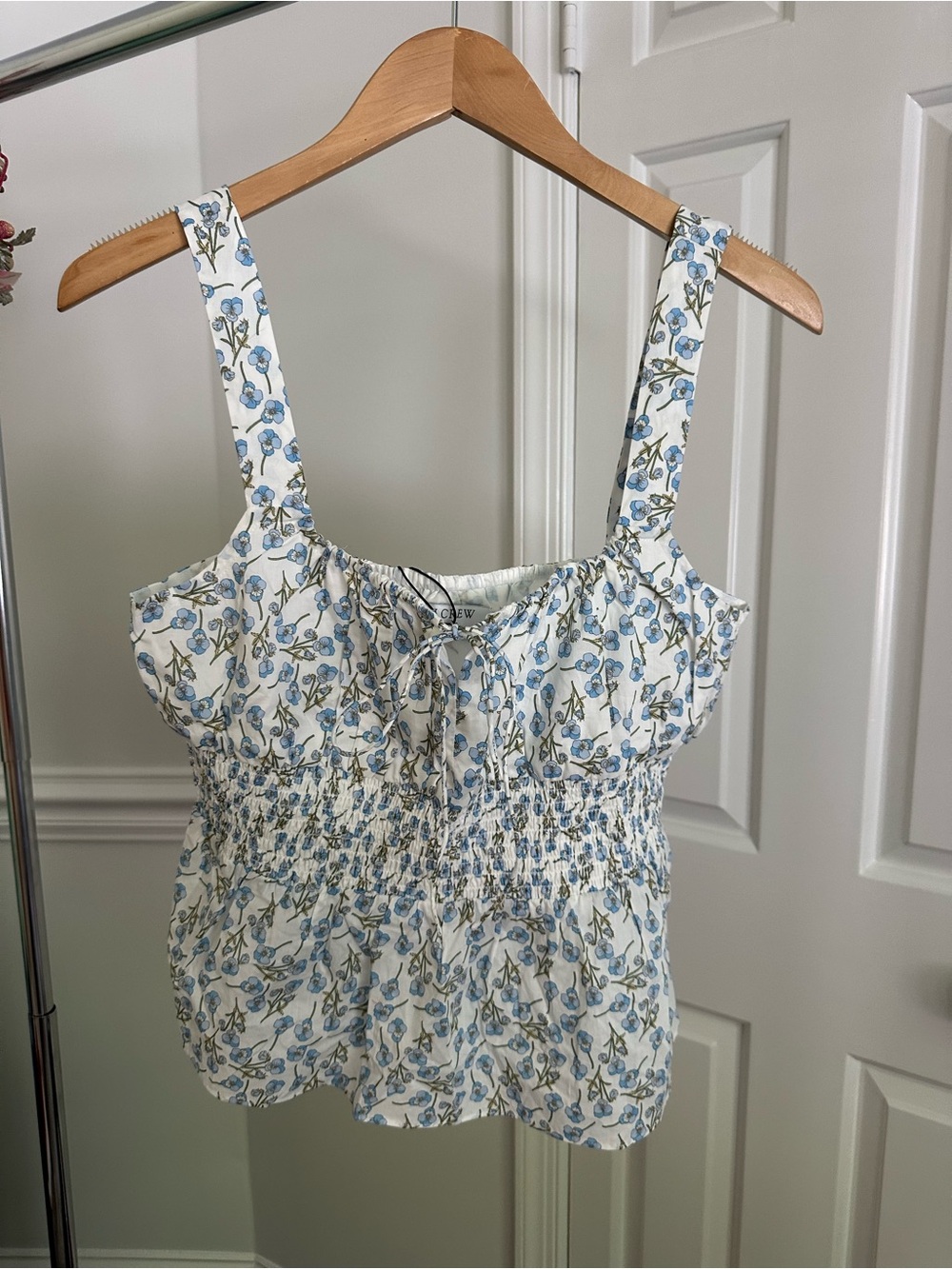 J. Crew White Floral Smocked Tank with Blue Blooms NWT